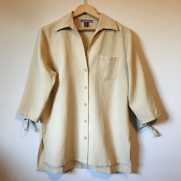 Vintage Optionelle Beige Button Down Tie Sleeve Top Canadian Made - Picture 2 of 16